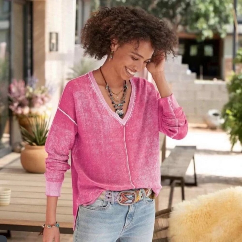 Sundance Cece Sweater Pink Acid Wash V-Neck Cotton Knit Boho Casual Chic S